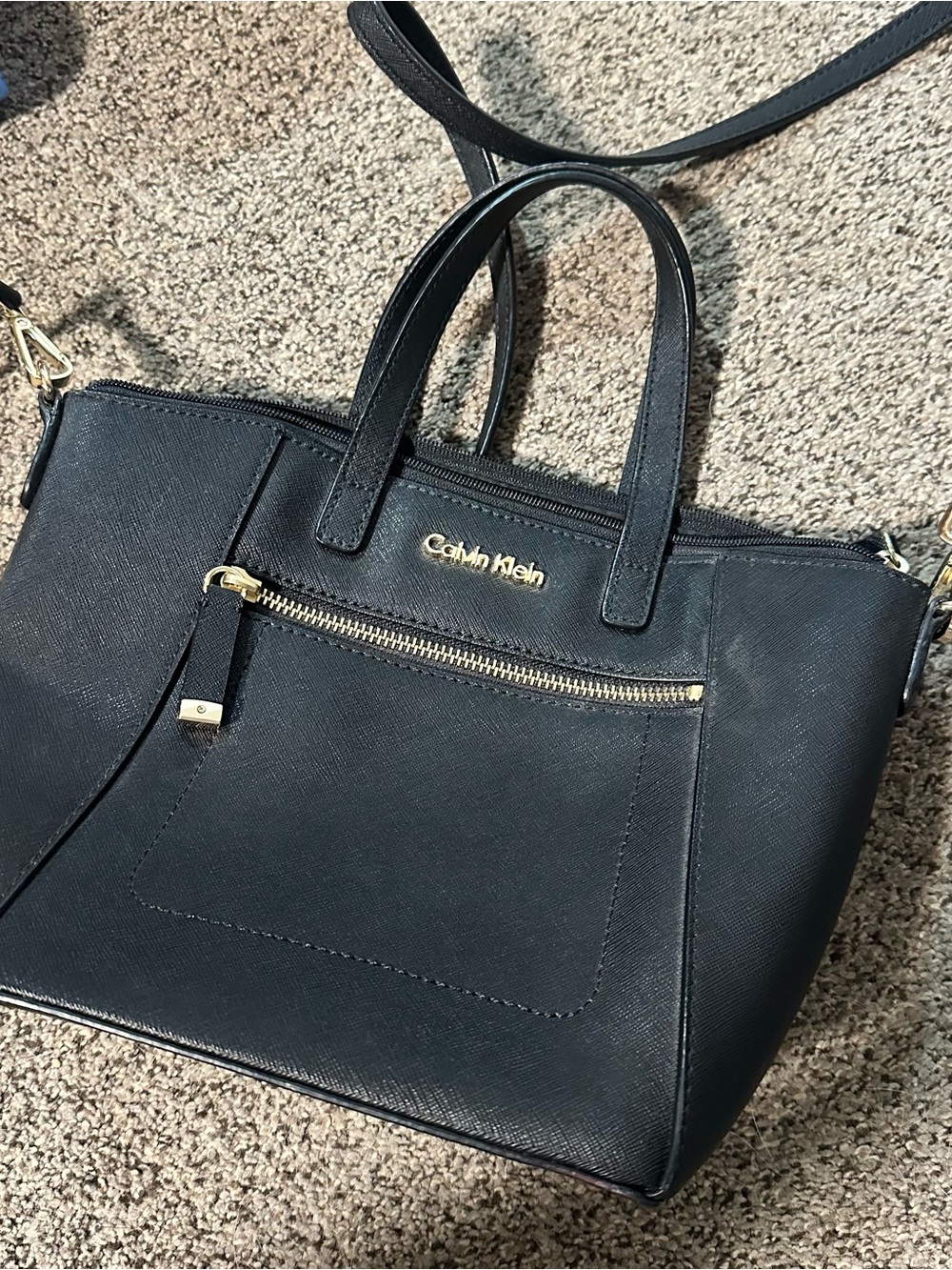 Calvin Klein Black Saffiano Leather Shoulder Satchel with Gold Hardware